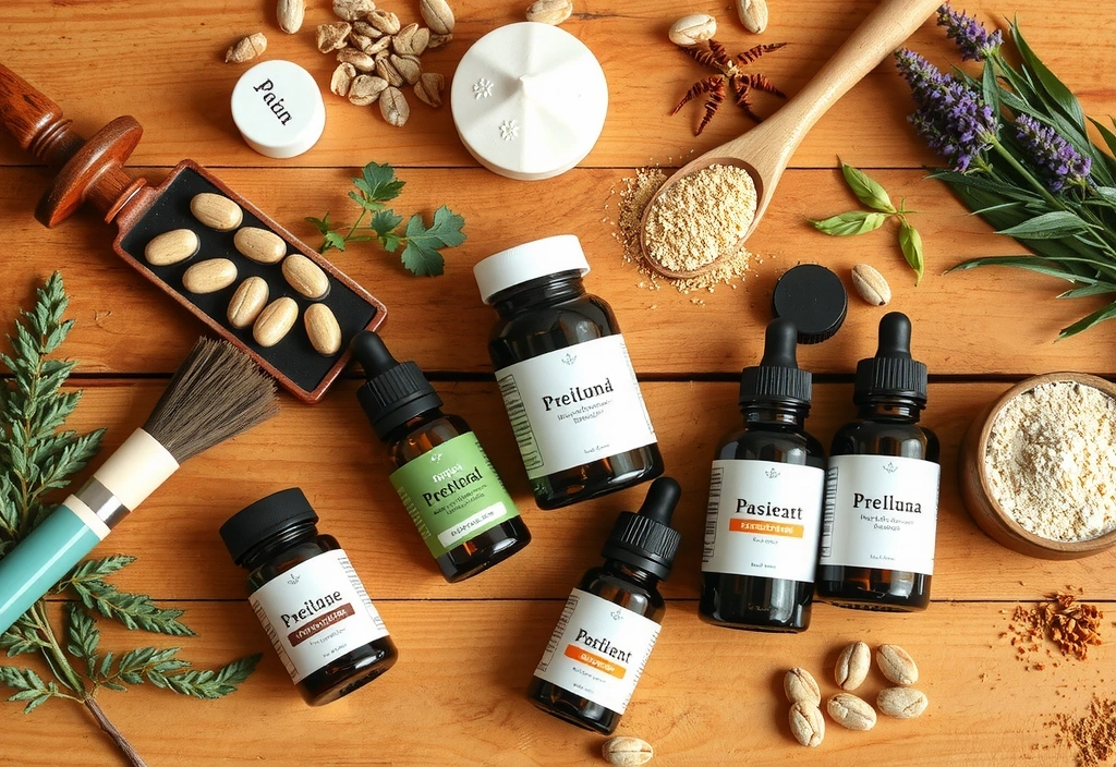 Natural wellness products and herbs arranged aesthetically with soft lighting