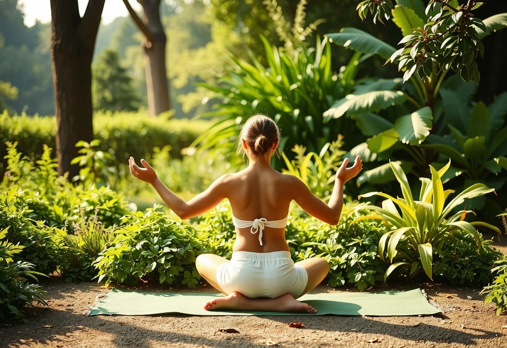 Person practicing natural wellness through yoga and meditation surrounded by nature